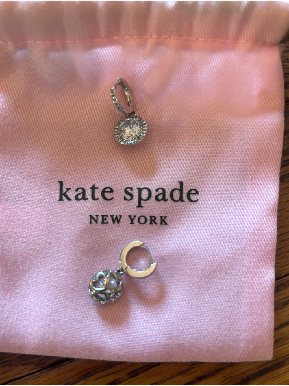 Kate Spade Silver Crystal Halo Drop Earrings with Pink Pouch - Picture 2 of 2